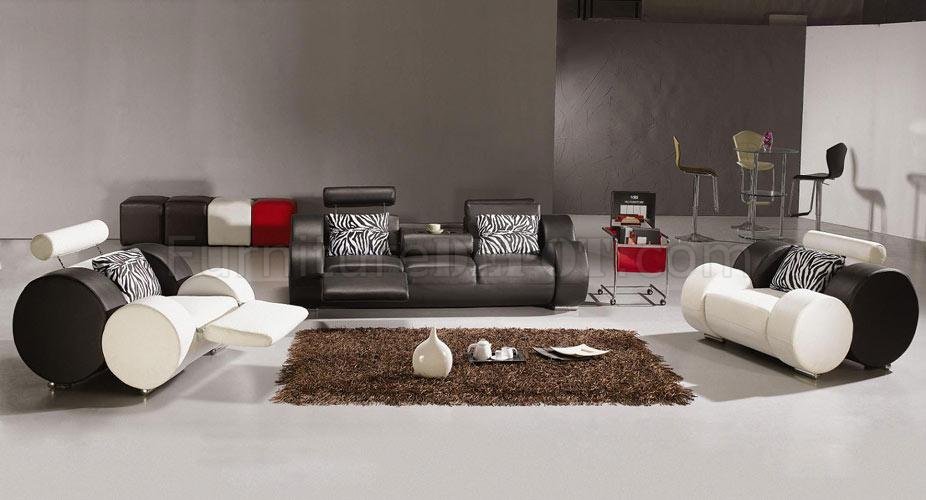 White Leather Modern 3pc Sofa, Modern Black And White Leather Sofa Set