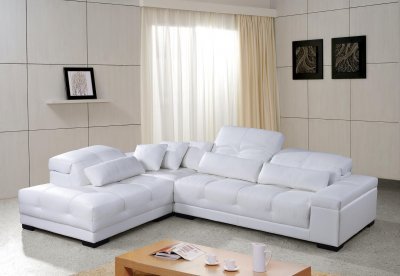 White Tufted Leather Modern Sectional Sofa w/Wooden Legs