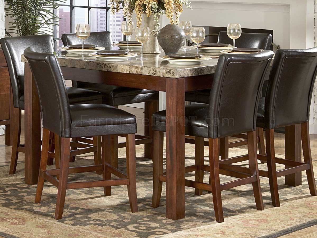 Cherry Finish Counter Height Table w/Faux Marble Top High Dining Room Tables