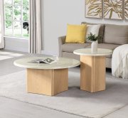 Qwin Coffee Table 3Pc Set LV03005 in Oak by Acme w/Marble Top