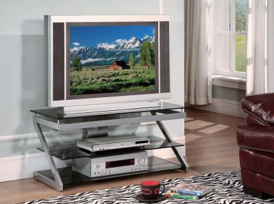 Metallic Silver Modern TV Stand w/Glass Shelves & Top