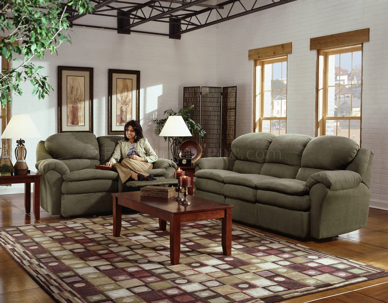 Olive Microfiber Modern Double Reclining Sofa & Loveseat Set - Click Image to Close