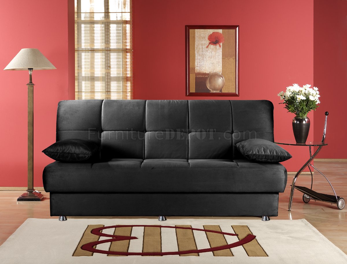 Black Microfiber Contemporary Elegant Sofa Bed w/Storage - Click Image to Close