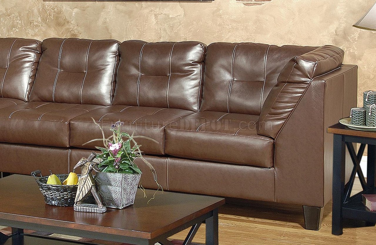 Brown Bonded Leather Modern Sectional Sofa W/Tufted Seats