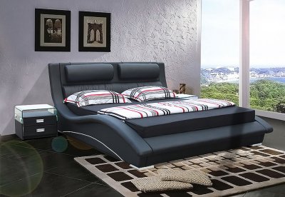 Black Leatherette Modern Stylish Bed w/Padded Headboard