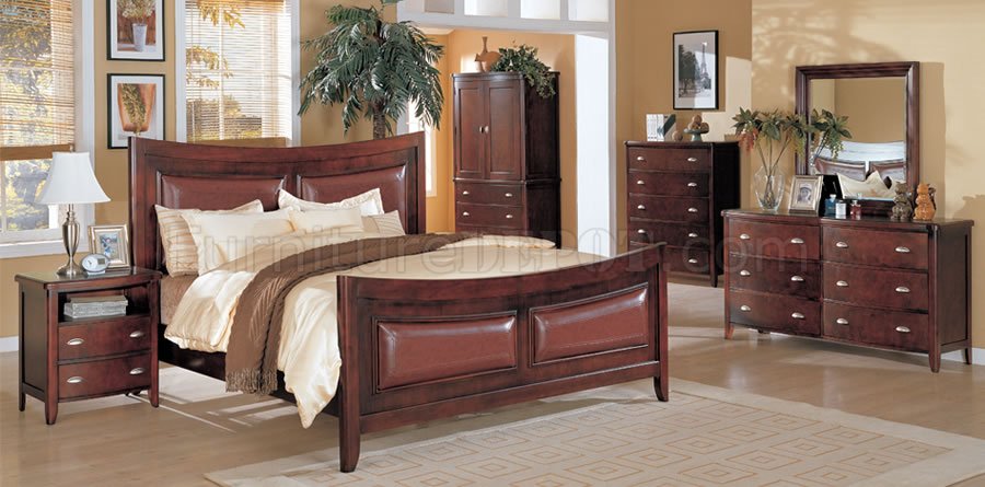 Mahogany Finish Modern Bedroom Set With Leather Details