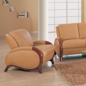 Elegant Tan Leather Living Room Set with Wooden Accents