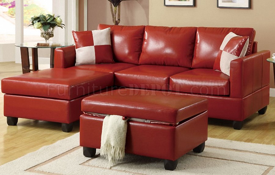 Red Bonded Leather Contemporary Small, Red Leather Sectional