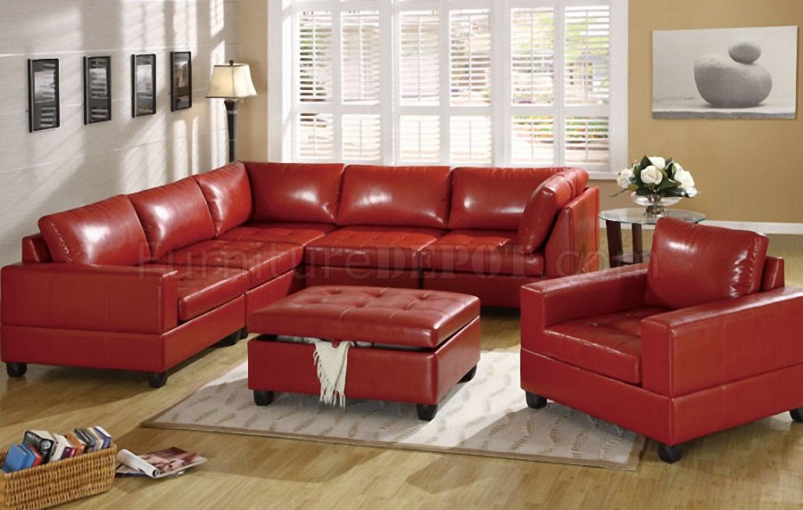 Red Bonded Leather 5pc Modular, Red Leather Sectional