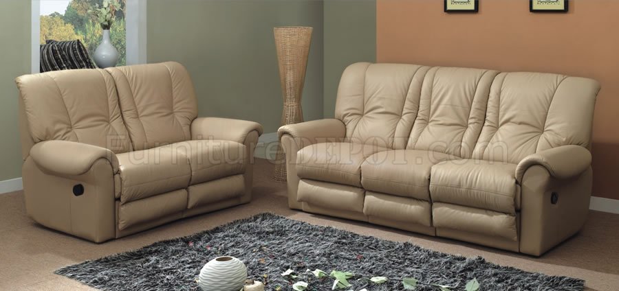 Beige Leather Contemporary Living Room, Beige Leather Reclining Sofa And Loveseat
