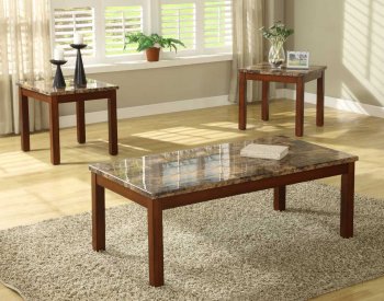 Cherry Finish Modern 3Pc Coffee Table Set w/Faux Marble Top [HECT-3273]