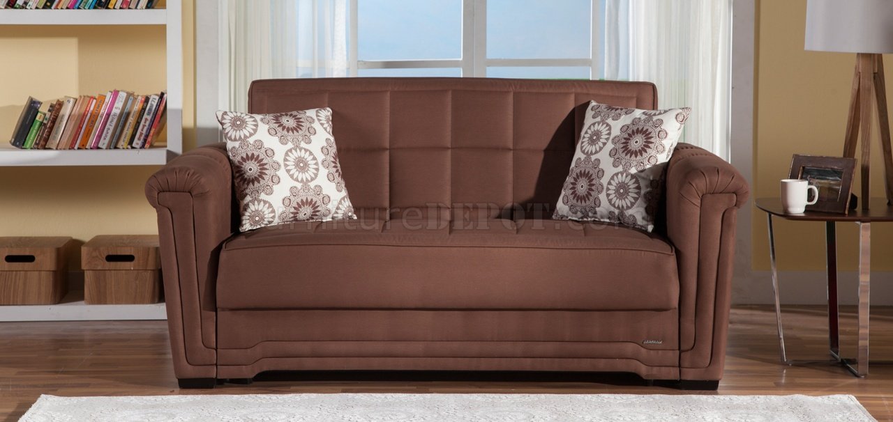 Truffle Microfiber Modern Convertible Loveseat Bed w/Pillows - Click Image to Close