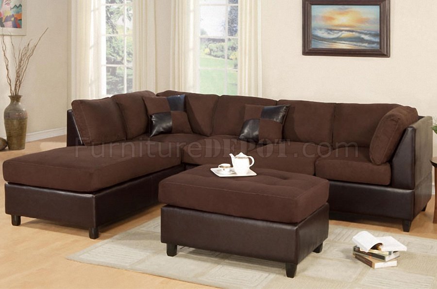Chocolate Microfiber Modern Sectional Sofa w/Ottoman - Click Image to Close