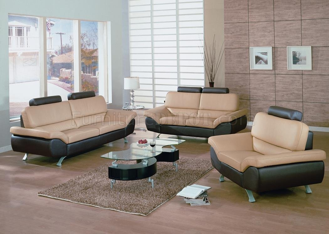 Beige & Brown Two-Tone Leather Modern 3Pc Living Room Set - Click Image to Close