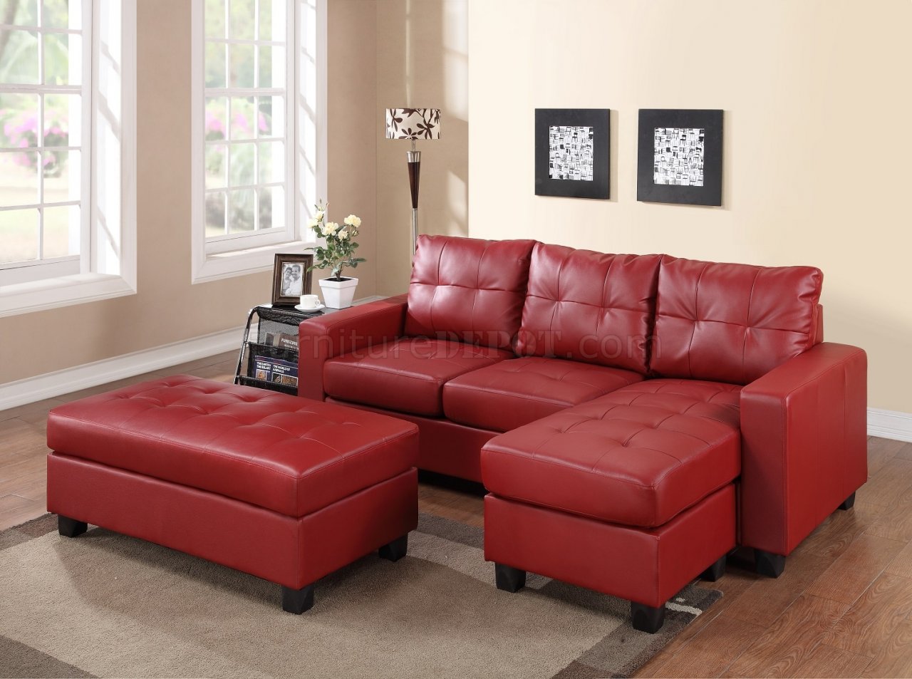 2511 Sectional Sofa Set In Red Bonded, Red Leather Sectional Sofas