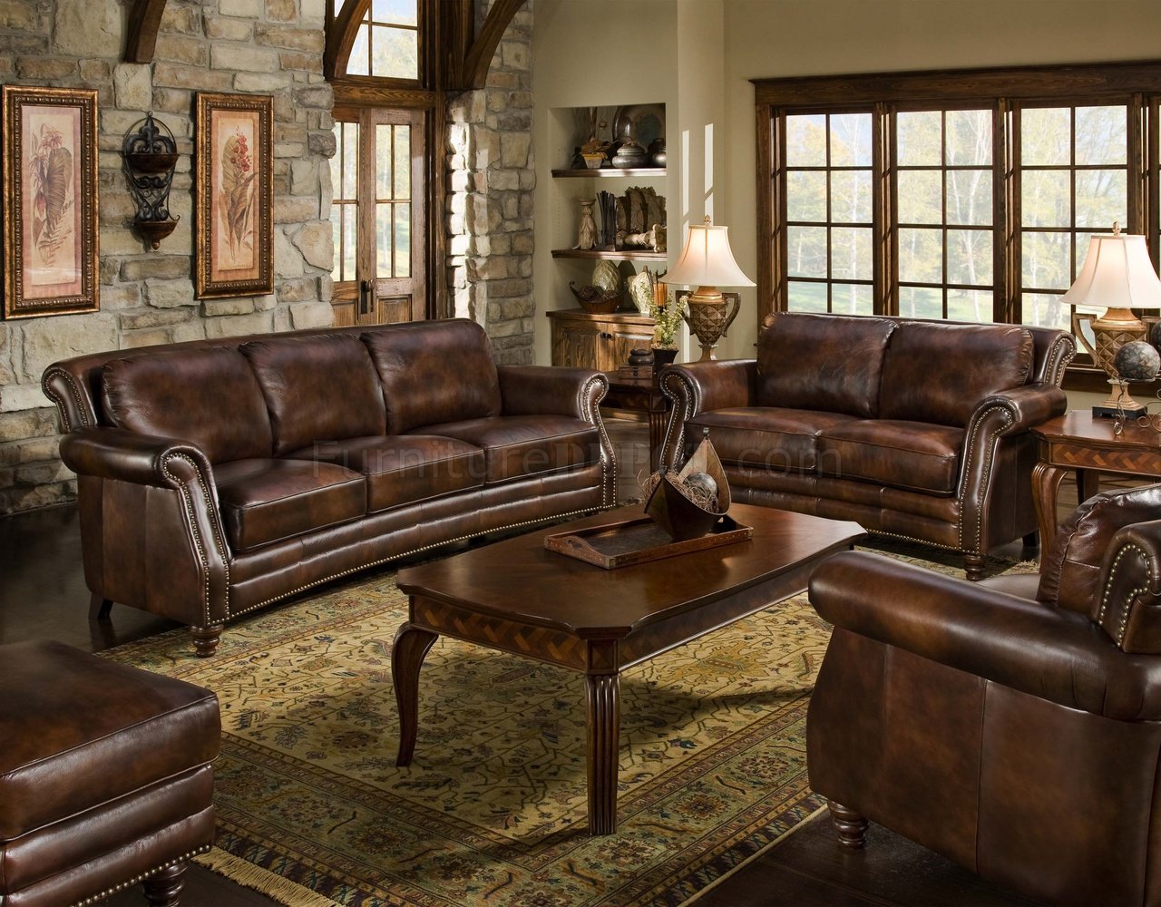 Cognac Top Grain Leather Traditional Sofa w/Optional Items - Click Image to Close