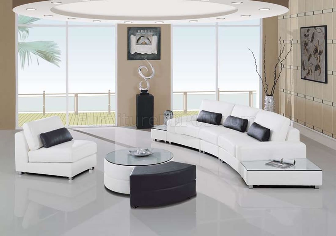 White Leather 5Pc Modern Sectional Sofa W/Glass Top End Tables