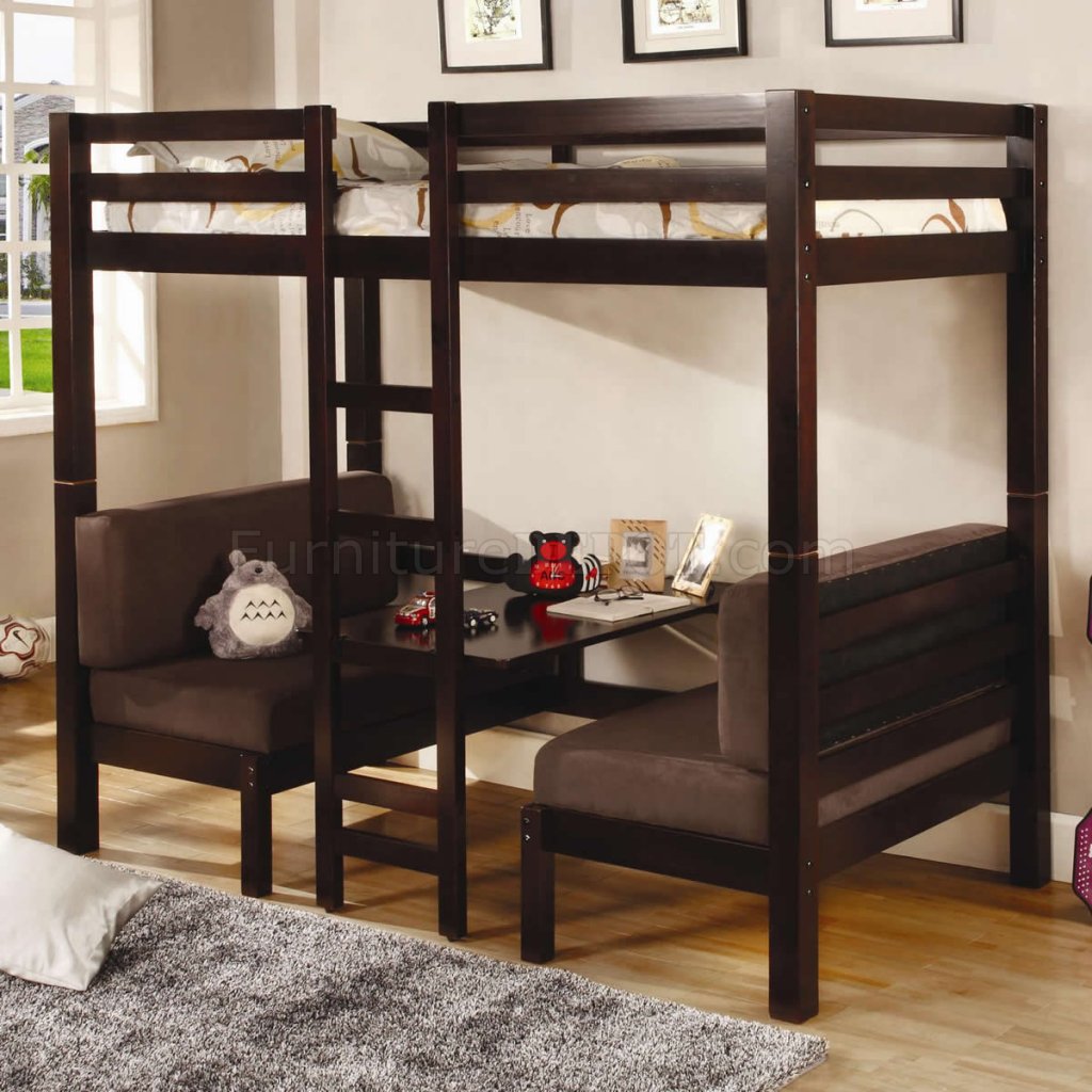 Brown Finish Modern Twin Over Twin Convertible Loft Bunk Bed - Click Image to Close