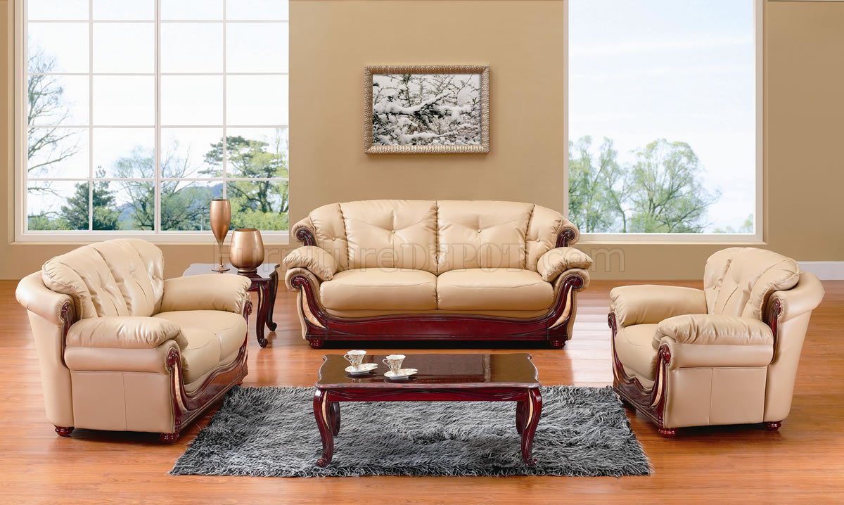 Beige Leather Classic Living Room W/Cherry Wooden Accents - Click Image to Close