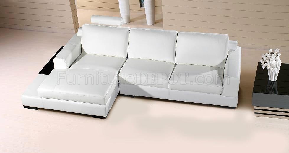 White Leather Modern Sectional Sofa W Ledge, White Leather Contemporary Couch