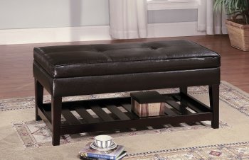 Brown Leather Top Bench Coffee Table w/Shelf & Slat Storage Base [HLCT-T511]