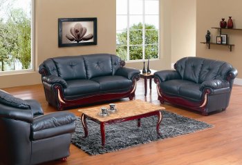 Black Leather Stylish Living Room W/Cherry Wooden Trims [AES-7991 Black]