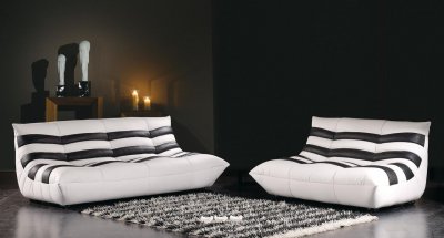 Striped Black & White Leather 3PC Modern Living Room Set