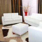 White Button Tufted Full Leather Sofa, Two Chairs & Ottoman Set