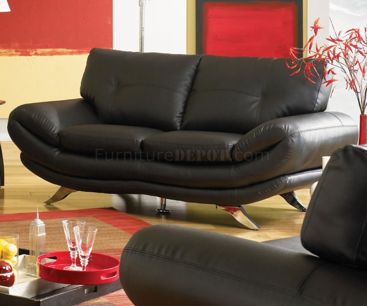 Contemporary Living Room U334 Black, Black Leather Sofa With Chrome Feet