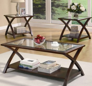 Rich Cappuccino Finish Modern 3Pc Coffee Table Set w/Glass Top