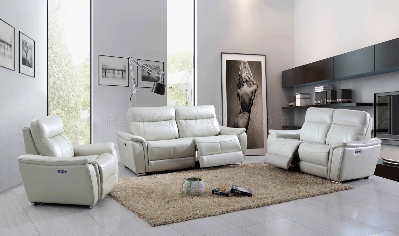 1705 Power Reclining Sofa In Light Grey, Light Grey Leather Power Reclining Sofa